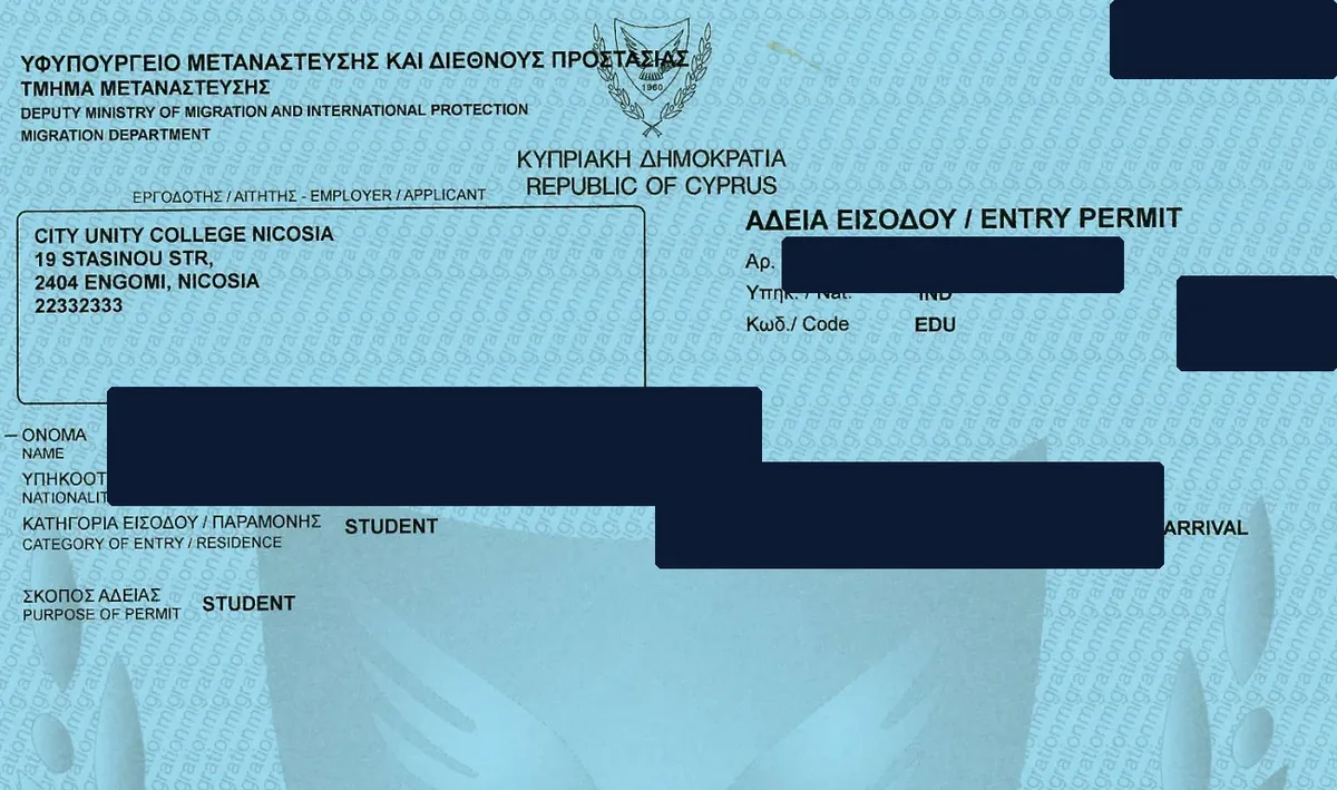 Blurred Cyprus student visa assisted by Visa Connection — personal details hidden for privacy